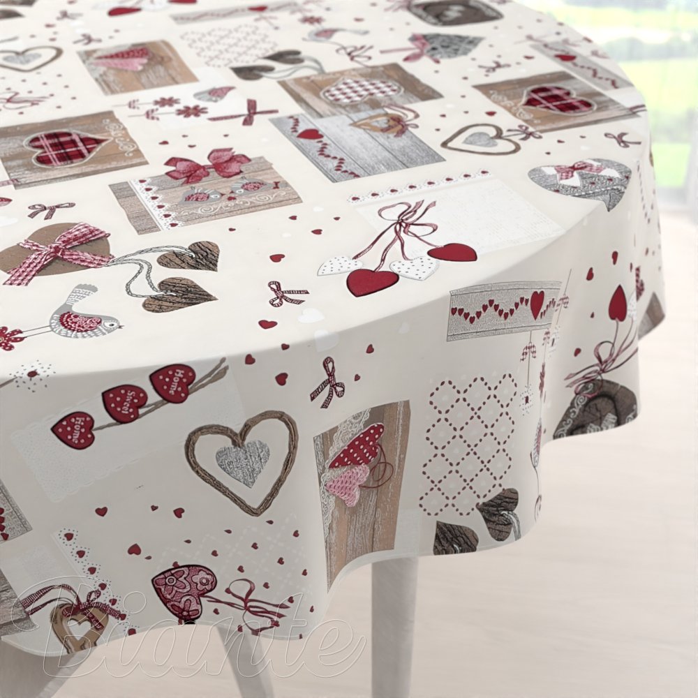 Dekorační kulatý ubrus Porto PRT-015 Vínovo-šedá srdíčka na krémovém - Biante.cz