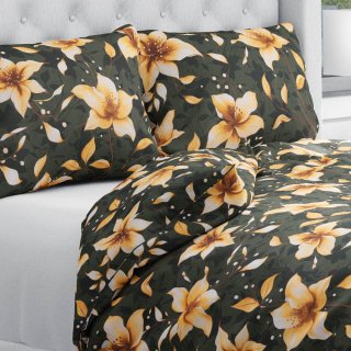 Bavlněné ložní povlečení Sandra SA-736 Hnědooranžové květy vanilky na tmavě zeleném - Biante.cz
