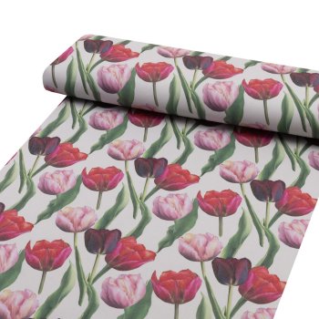 Dekorační látka Terra TRA-001 Tulipány na kouřově šedém - šířka 150 cm