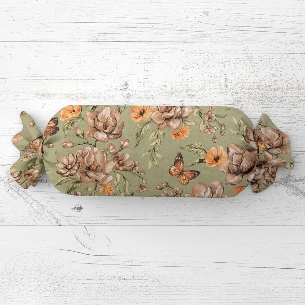 Polštář válec bonbon Sandra SA-472 Hnědé květy magnolie na zeleném - Biante.cz
