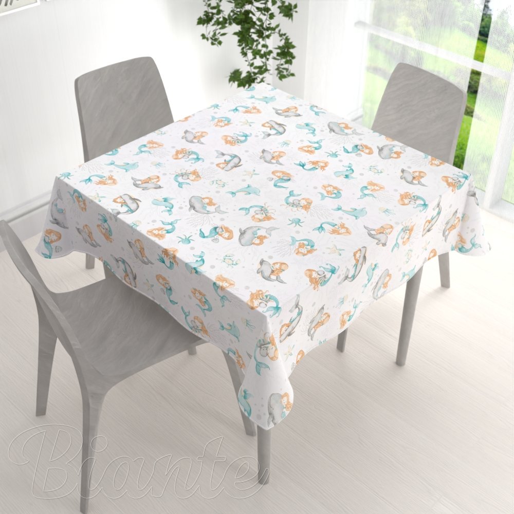 Dětský bavlněný čtvercový ubrus Sandra SA-691 Modrozelené mořské panny s delfíny a velrybami na bílém - detail 1 - Biante.cz