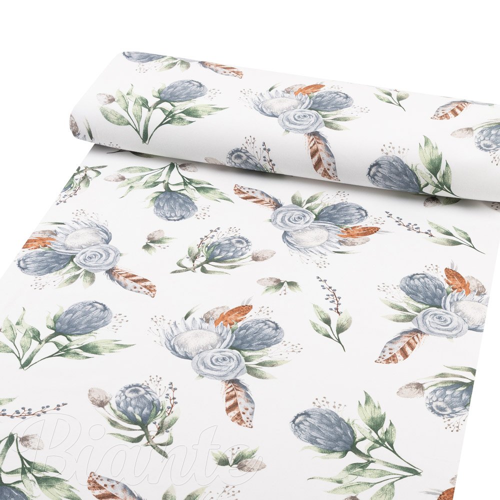 Bavlněná látka/plátno Sandra SA-707 Modré květy Protea na bílém - šířka 160 cm - detail 1 - Biante.cz