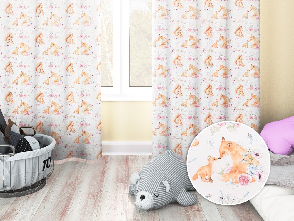 Dětský bavlněný závěs na míru Sandra SA-694 Veverky a lišky mezi květinami na bílém - Biante.cz