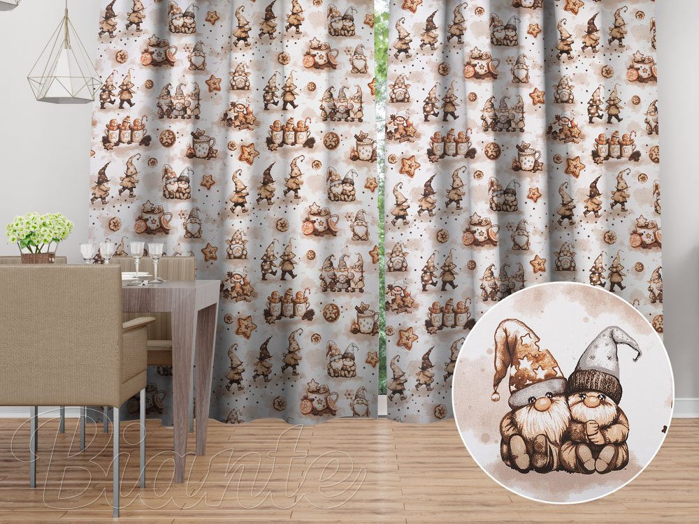 Vánoční bavlněný závěs Sandra SA-663 Hnědí skřítci s perníčky na bílém - Biante.cz