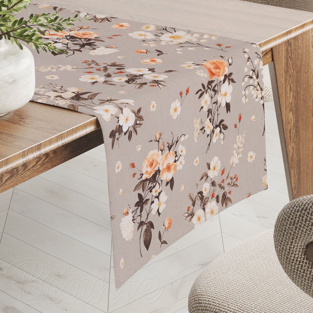 Bavlněný běhoun na stůl Sandra SA-739 Růže a konvalinky na béžovošedém - Biante.cz