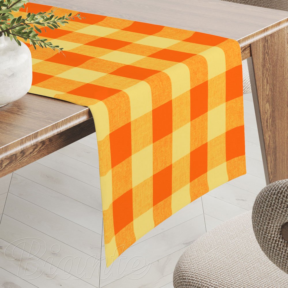 Bavlněný běhoun na stůl Olivia OL-003 Oranžovo-žlutá kostka velká - Biante.cz