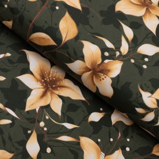 Bavlněná látka/plátno Sandra SA-736 Hnědooranžové květy vanilky na tmavě zeleném - šířka 160 cm - Biante.cz