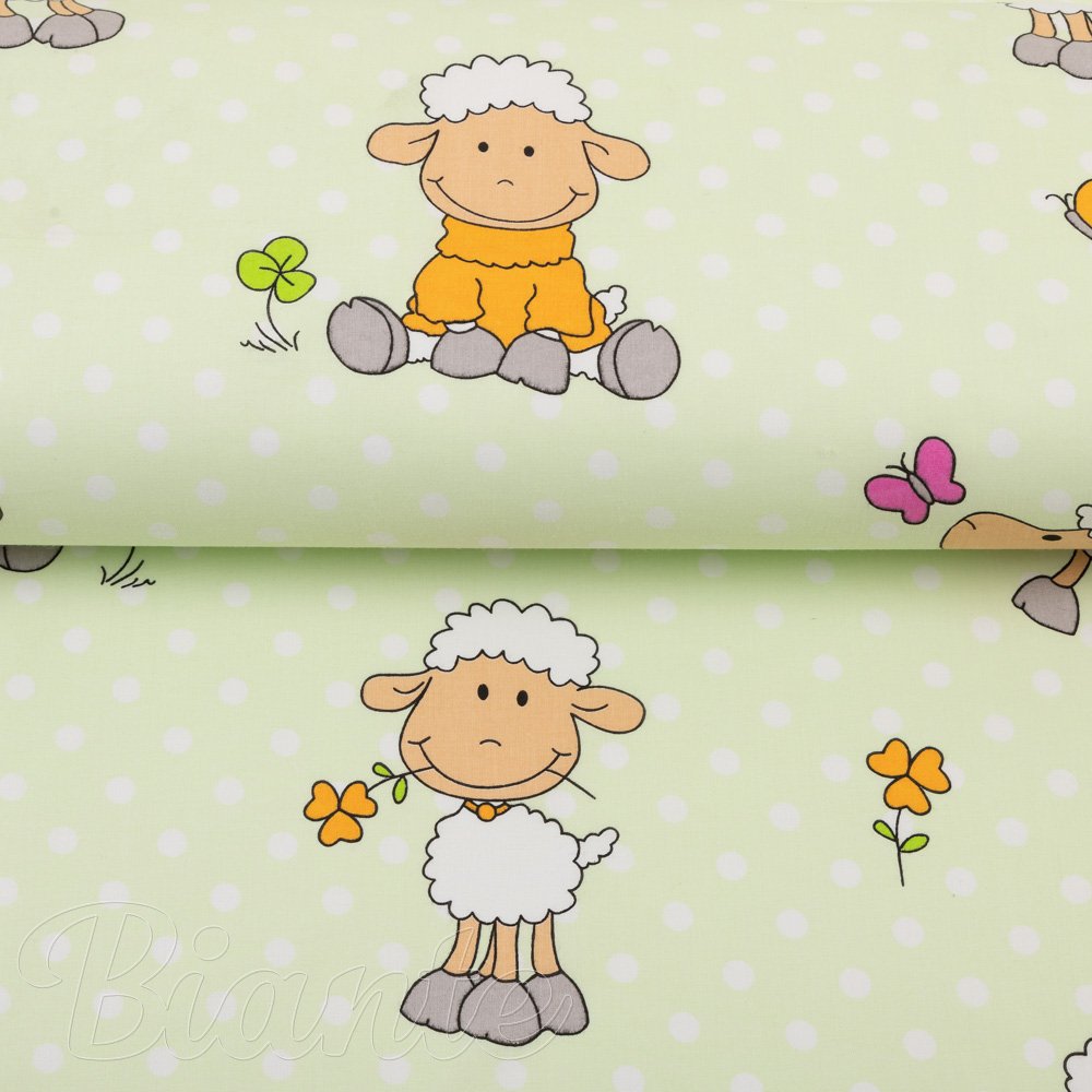 Dětská bavlněná látka/plátno Sandra SA-729 Veselé ovečky na světle zeleném puntíkovaném - šířka 160 cm - detail 2 - Biante.cz