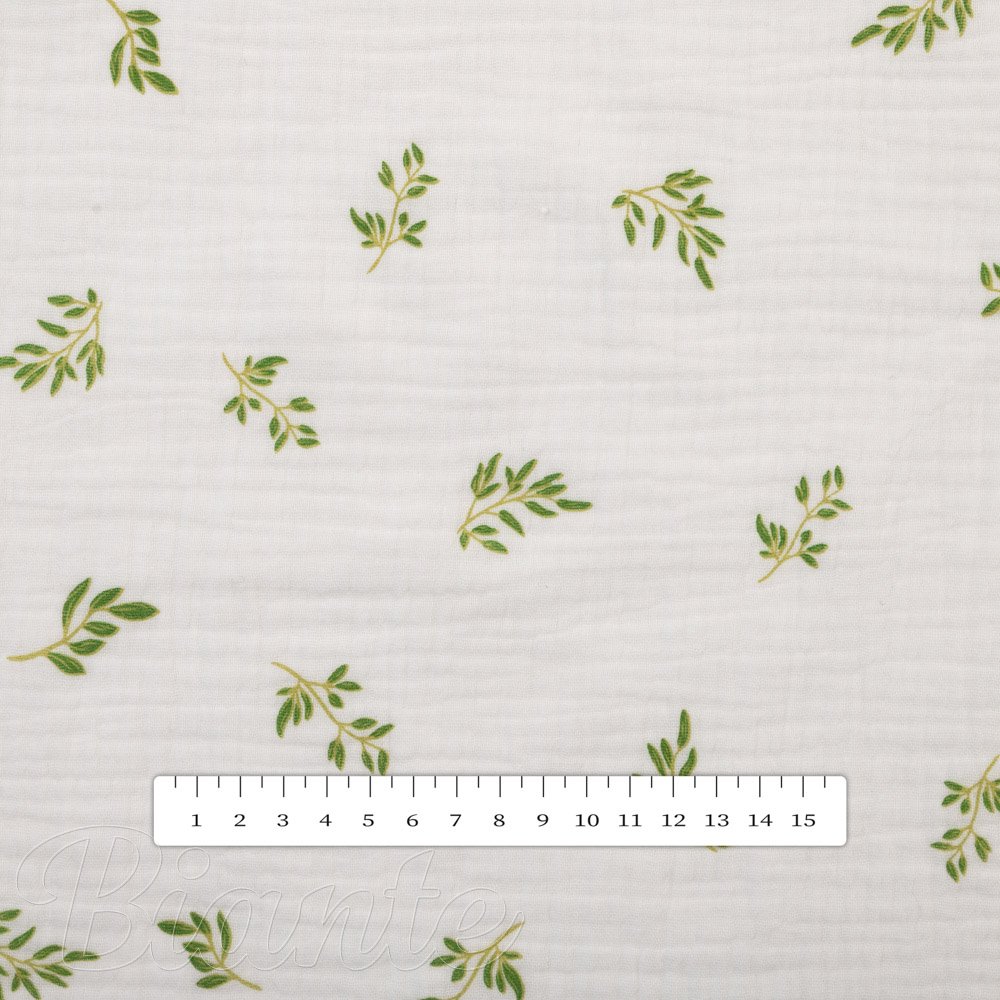 Mušelín dvojitá gázovina MSN-081 Zelené větvičky na bílém - metráž šířka 160 cm - detail 4 - Biante.cz