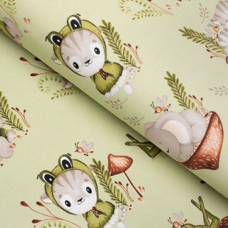 Dětská bavlněná látka/plátno Sandra SA-474 Žabky a zvířátka mezi houbami na zeleném - šířka 160 cm - Biante.cz