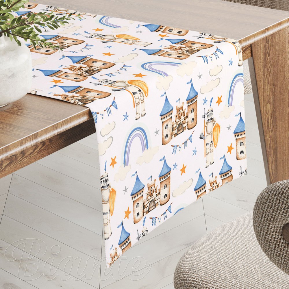 Dětský bavlněný běhoun na stůl Sandra SA-666 Modro-hnědé hrady a rytíři na bílém - Biante.cz