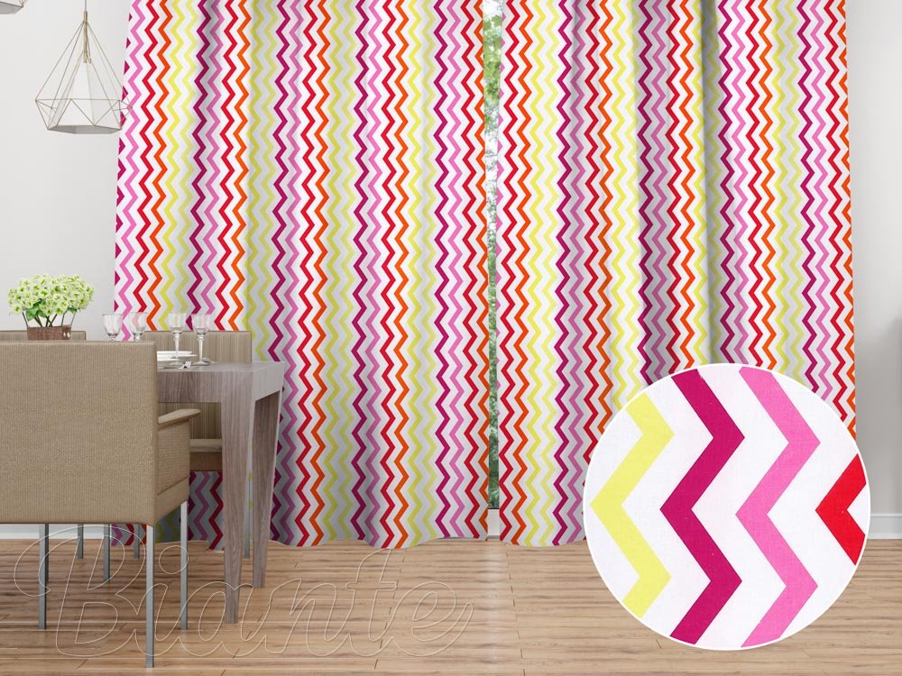 Bavlněný závěs Sandra SA-379 Žluto-růžovo-červené cik-cak proužky - Biante.cz