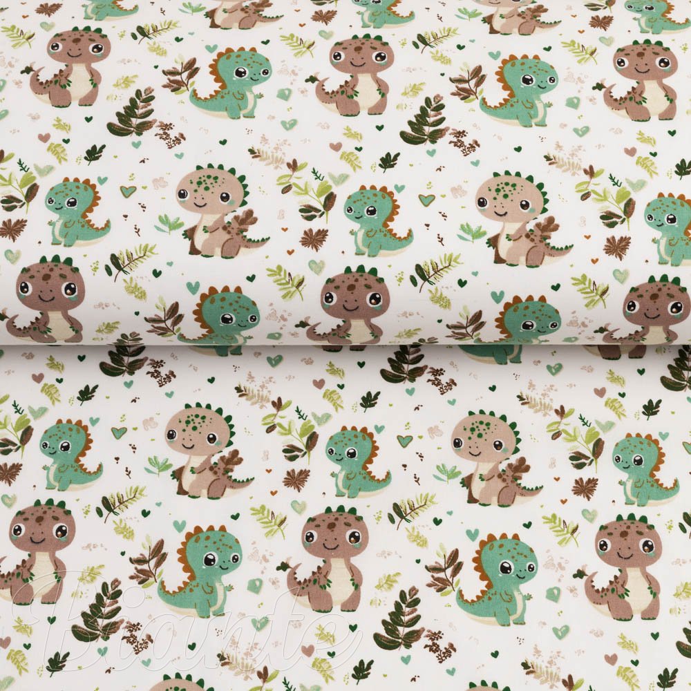 Dětská bavlněná látka/plátno Sandra SA-657 Zeleno-hnědí dinosauříci na bílém - šířka 160 cm - detail 2 - Biante.cz