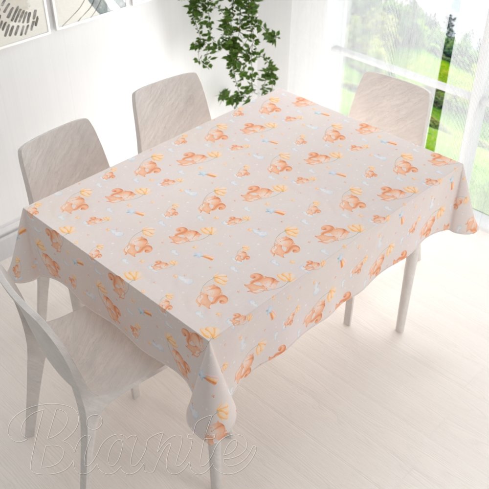 Dětský bavlněný obdélníkový ubrus Sandra SA-525 Veverky s květinami na šedobéžovém - detail 1 - Biante.cz