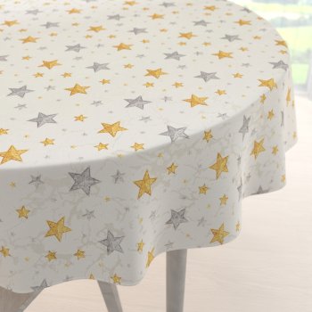 Luxusný dekoračný vianočný okrúhly obrus Parma PM-139 Strieborno-zlaté hviezdičky na strieborno-krémovom - Biante.sk