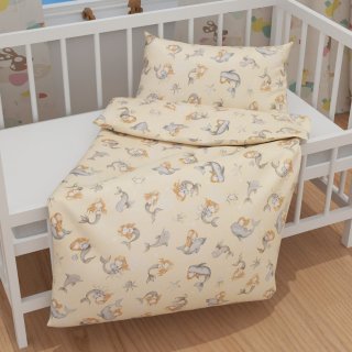 Detské bavlnené posteľné obliečky do postieľky Sandra SA-670 Sivo-hnedé morské panny s delfínmi na žltobéžovom - detail 1 - Biante.sk