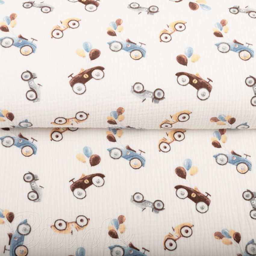 Mušelín dvojitá gázovina MSN-090 Autíčka s balonky na krémově bílém - metráž šířka 140 cm - detail 4 - Biante.cz