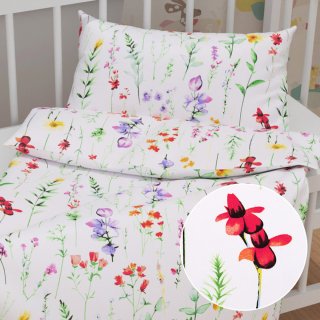 Dětské bavlněné povlečení do postýlky Sandra SA-492 Květovaná louka na bílém - Biante.cz