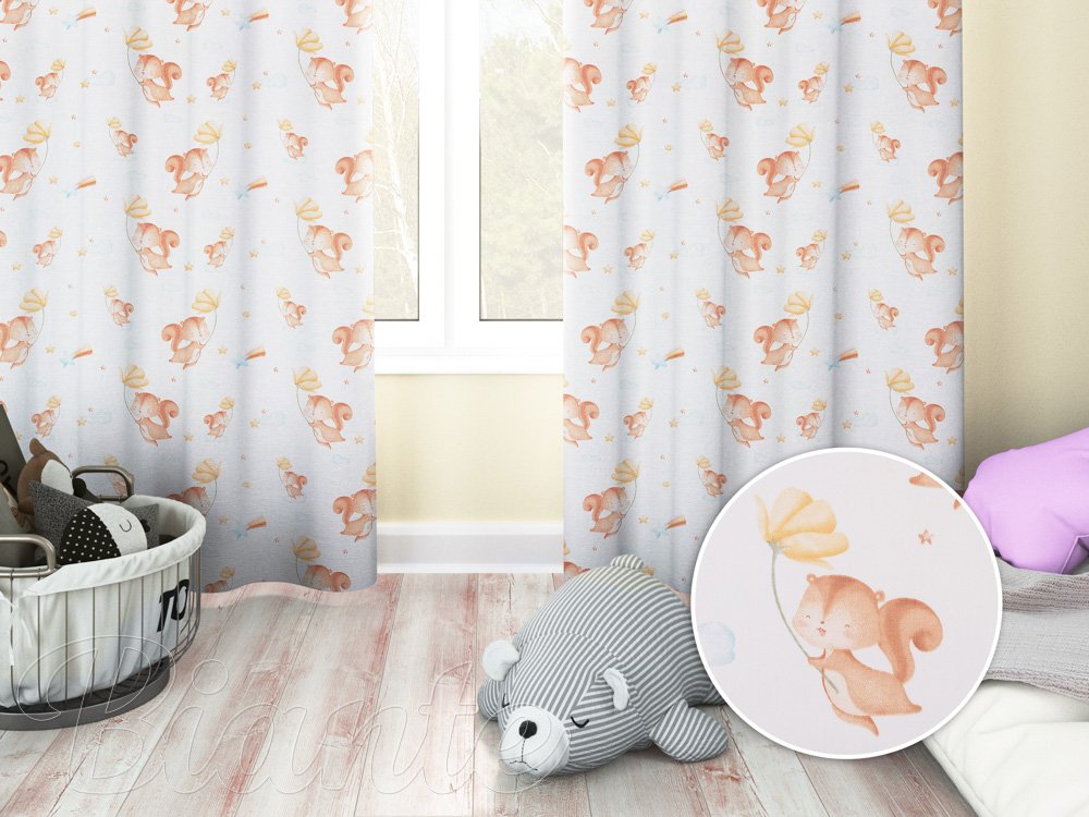 Dětský bavlněný závěs na míru Sandra SA-643 Veverky s květinami na bílém - Biante.cz