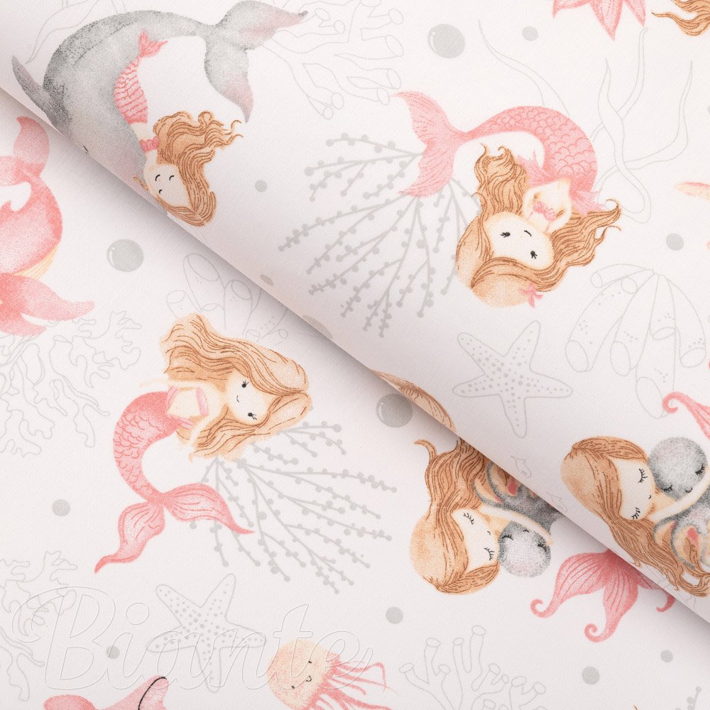 Dětská bavlněná látka/plátno Sandra SA-527 Růžové mořské panny s delfíny a velrybami na bílém - šířka 160 cm - Biante.cz
