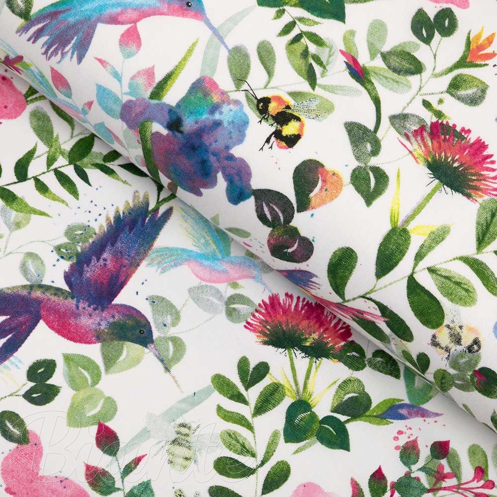 Bavlněná látka/plátno Sandra SA-495 Duhoví kolibříci mezi květy - šířka 160 cm - Biante.cz