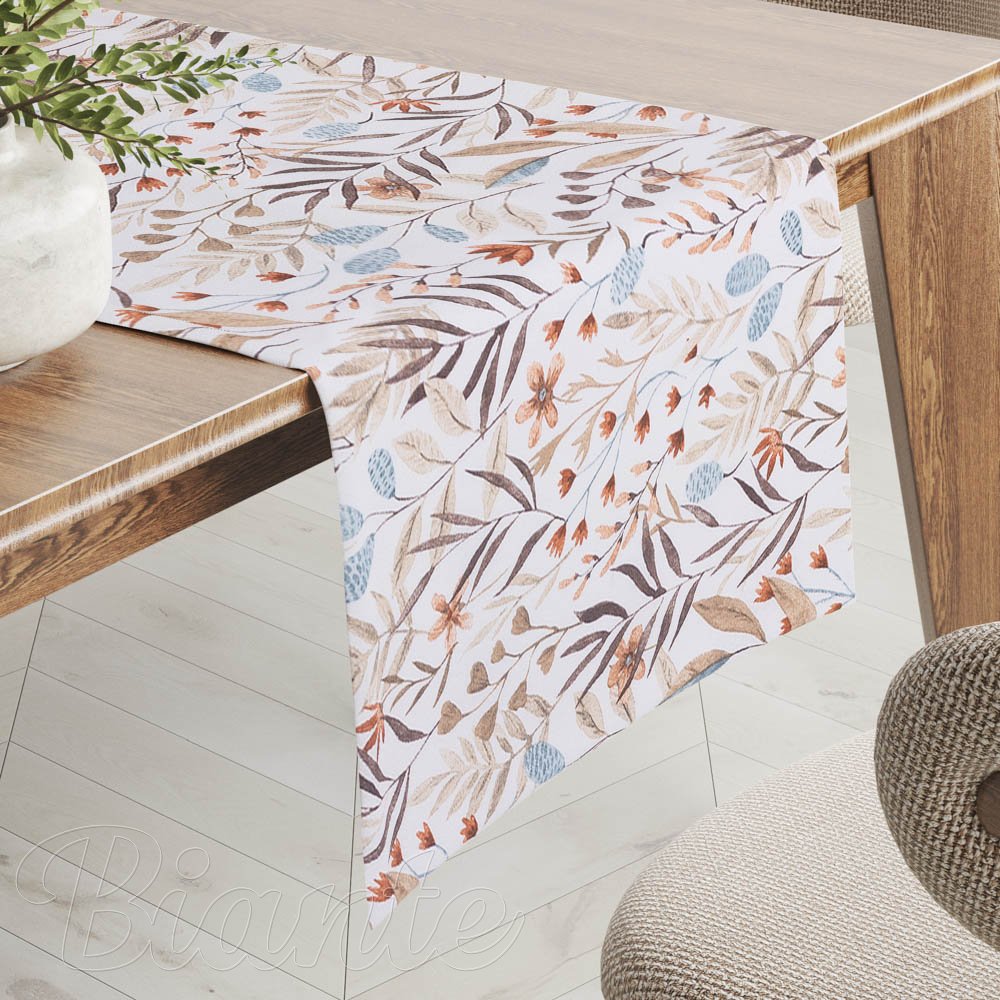 Dekorační běhoun na stůl Leona LN-163 Podzimní větvičky na bílém - Biante.cz