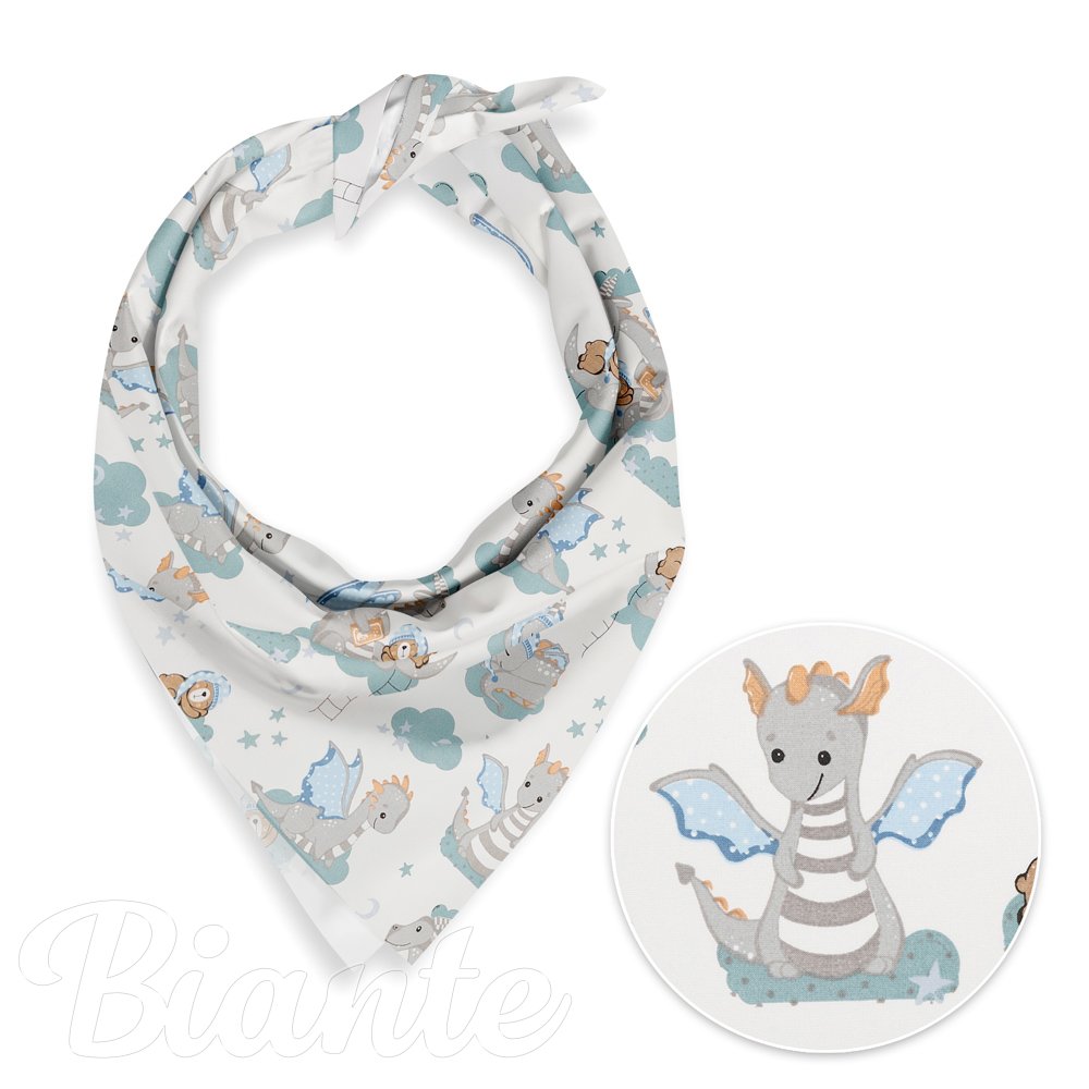 Dětský bavlněný šátek Sandra SA-689 Dráčci s medvídky na modrozelených obláčcích na bílém - Biante.cz