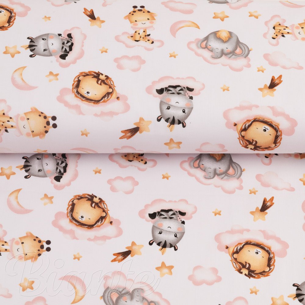 Dětská bavlněná látka/plátno Sandra SA-658 Africká zvířátka na růžových obláčcích na bílém - šířka 160 cm - detail 2 - Biante.cz