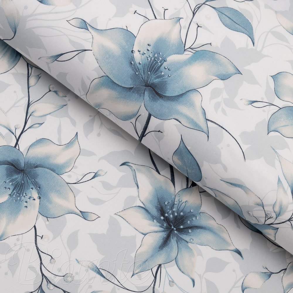 Bavlněná látka/plátno Sandra SA-737 Modro-šedé květy vanilky na bílém - šířka 160 cm - Biante.cz