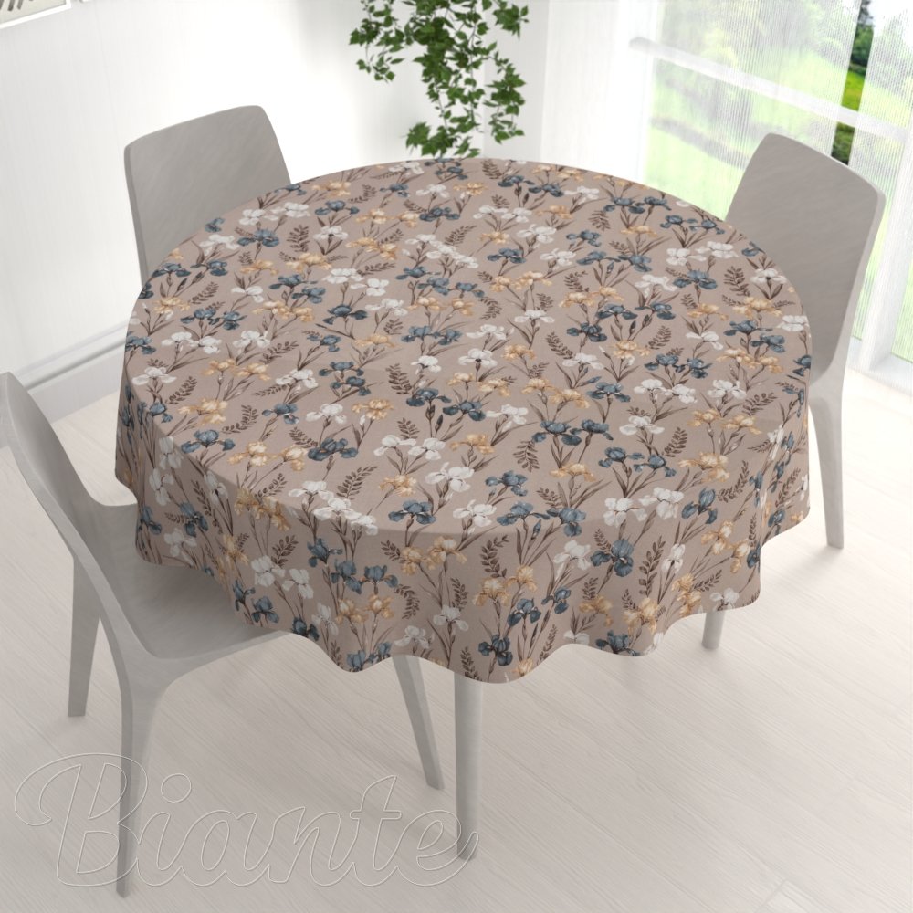 Bavlněný kulatý ubrus Sandra SA-637 Modro-béžovo-bílé kosatce na šedobéžovém - detail 1 - Biante.cz