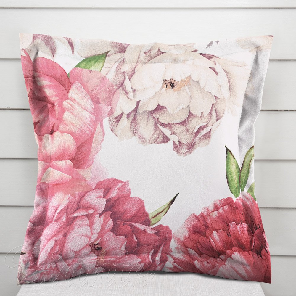 Bavlněný povlak na polštář s lemem Sandra SA-746 Velké růžovo-béžové pivoňky na bílém - Biante.cz