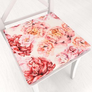 Zamatový štvorcový podsedák Tamara TMR-041 Ružovo-červené pivonky na bielom - 38x38x3 cm - Biante.sk