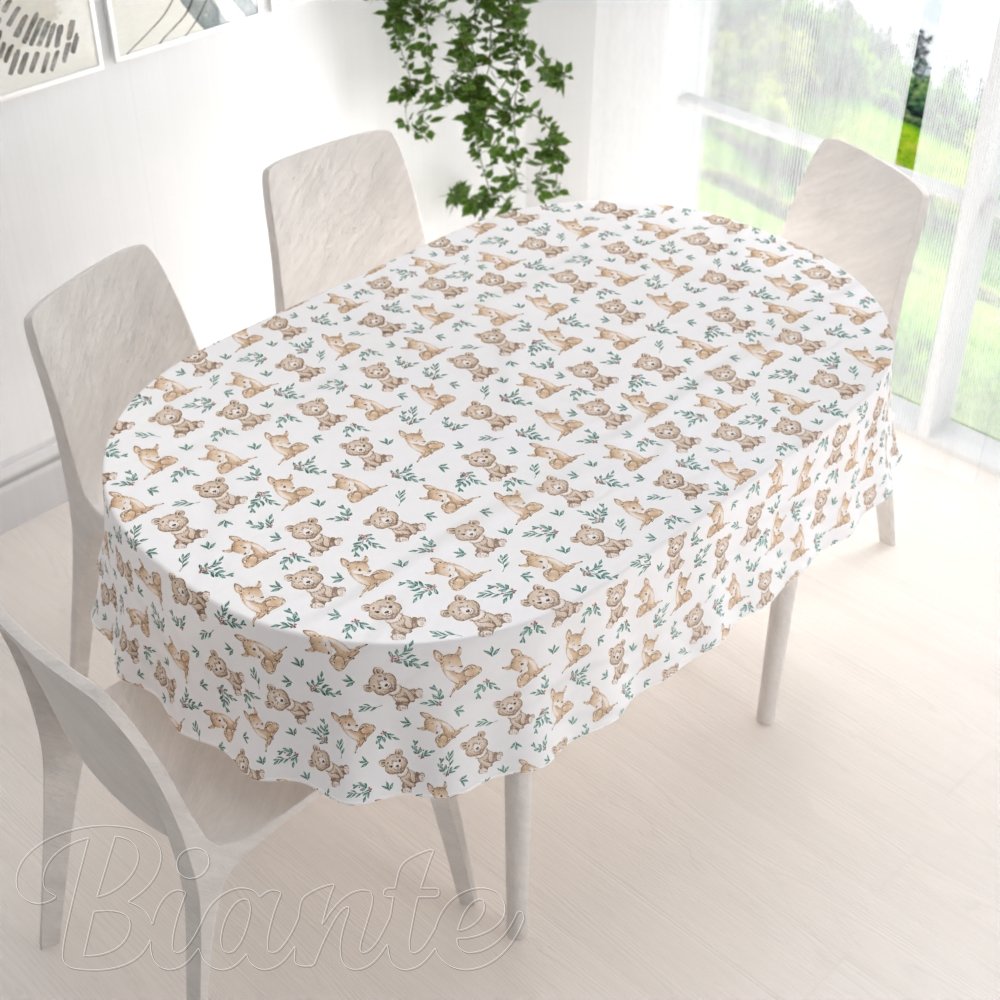 Detský bavlnený oválny obrus Sandra SA-470 Medvedíky a srnčekovia na bielom - detail 1 - Biante.sk