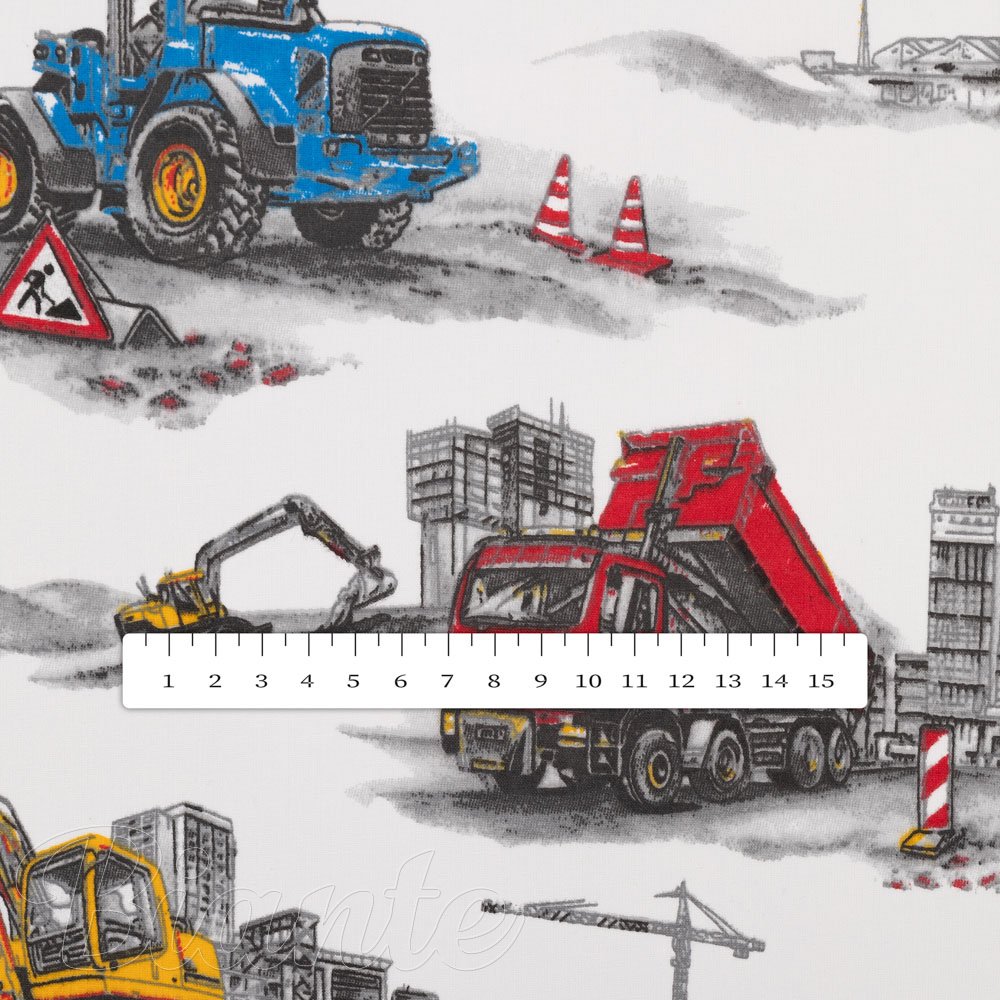 Dětská bavlněná látka/plátno Sandra SA-578 Náklaďáky a bagry na bílém - šířka 160 cm - detail 3 - Biante.cz