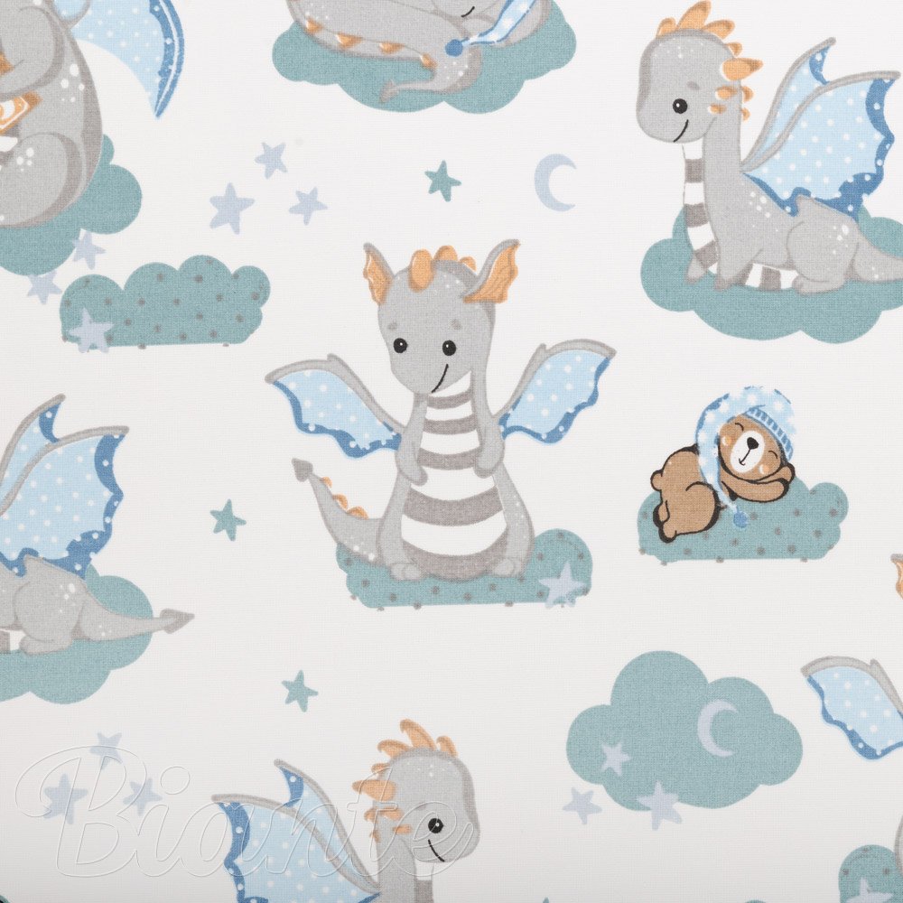 Dětská bavlněná látka/plátno Sandra SA-689 Dráčci s medvídky na modrozelených obláčcích na bílém - šířka 160 cm - detail 5 - Biante.cz