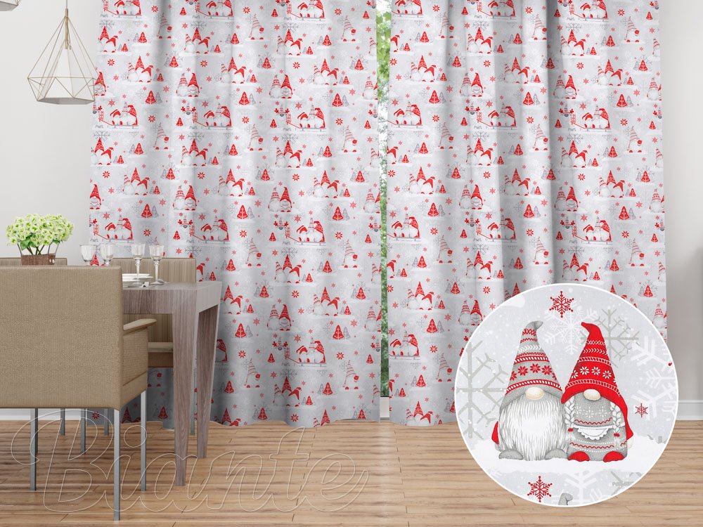 Vánoční bavlněný závěs Sandra SA-133 Červení skřítci na světle šedém - Biante.cz