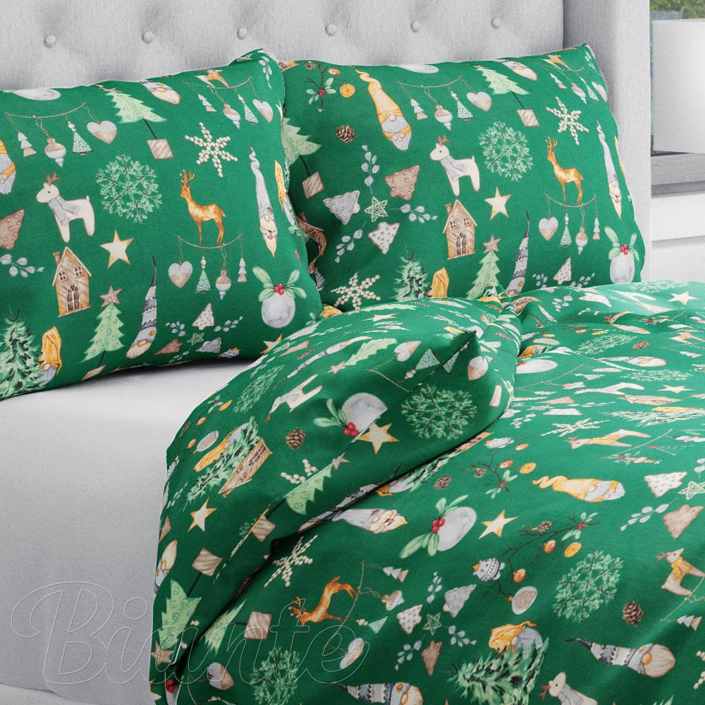 Vánoční bavlněné ložní povlečení Sandra SA-508 Vánoční skřítci a ozdoby na zeleném - Biante.cz