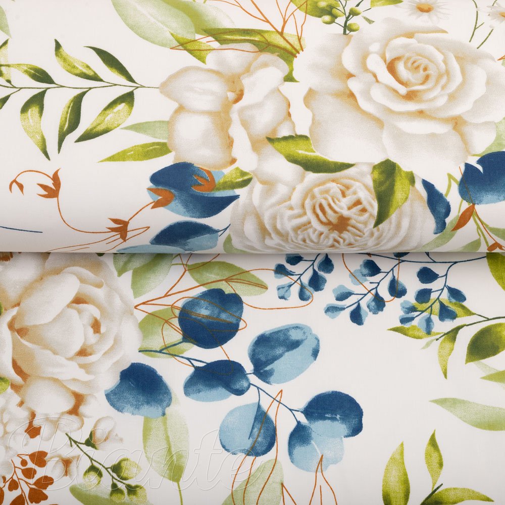 Bavlněná látka/plátno Sandra SA-668 Květy a modro-zelené listy na bílém - šířka 160 cm - detail 2 - Biante.cz