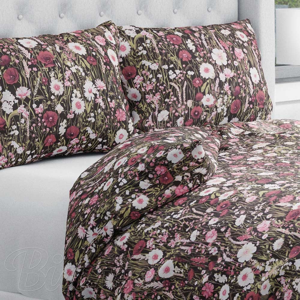 Bavlněné ložní povlečení Sandra SA-740 Luční kvítí na temně hnědém - Biante.cz
