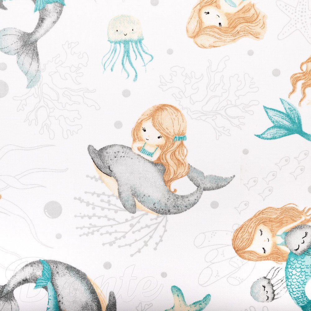 Dětská bavlněná látka/plátno Sandra SA-691 Modrozelené mořské panny s delfíny a velrybami na bílém - šířka 160 cm - detail 5 - Biante.cz