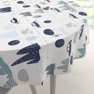 Dětský bavlněný kulatý ubrus Sandra SA-685 Modrá auta mezi stromy na bílém - Biante.cz