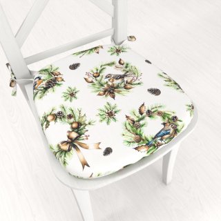 Teflonový oblý podsedák TF-103 Vánoční věnce s ptáčky na bílém - 39x37x3 cm - Biante.cz