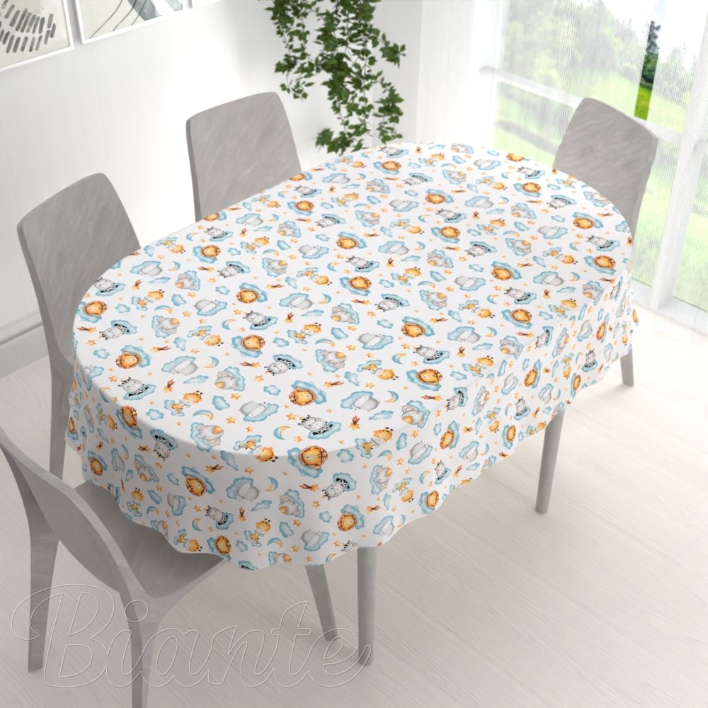 Dětský bavlněný oválný ubrus Sandra SA-693 Africká zvířátka na modrých obláčcích na bílém - detail 1 - Biante.cz