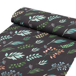 Bavlněná látka/plátno Sandra SA-556 Větvičky s lístky na černém - šířka 160 cm - detail 1 - Biante.cz