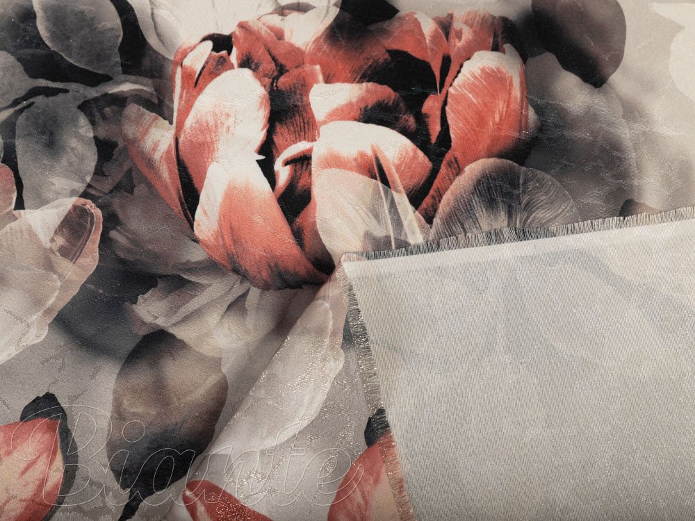 Dekorační látka Parma PM-111 Cihlově červené květy na kouřově šedohnědém - šířka 150 cm - detail 6 - Biante.cz