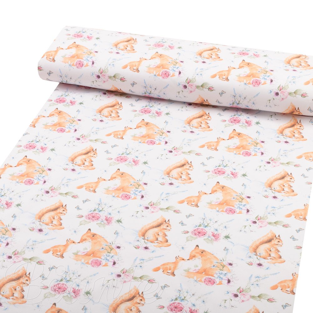 Dětská bavlněná látka/plátno Sandra SA-694 Veverky a lišky mezi květinami na bílém - šířka 160 cm - detail 1 - Biante.cz
