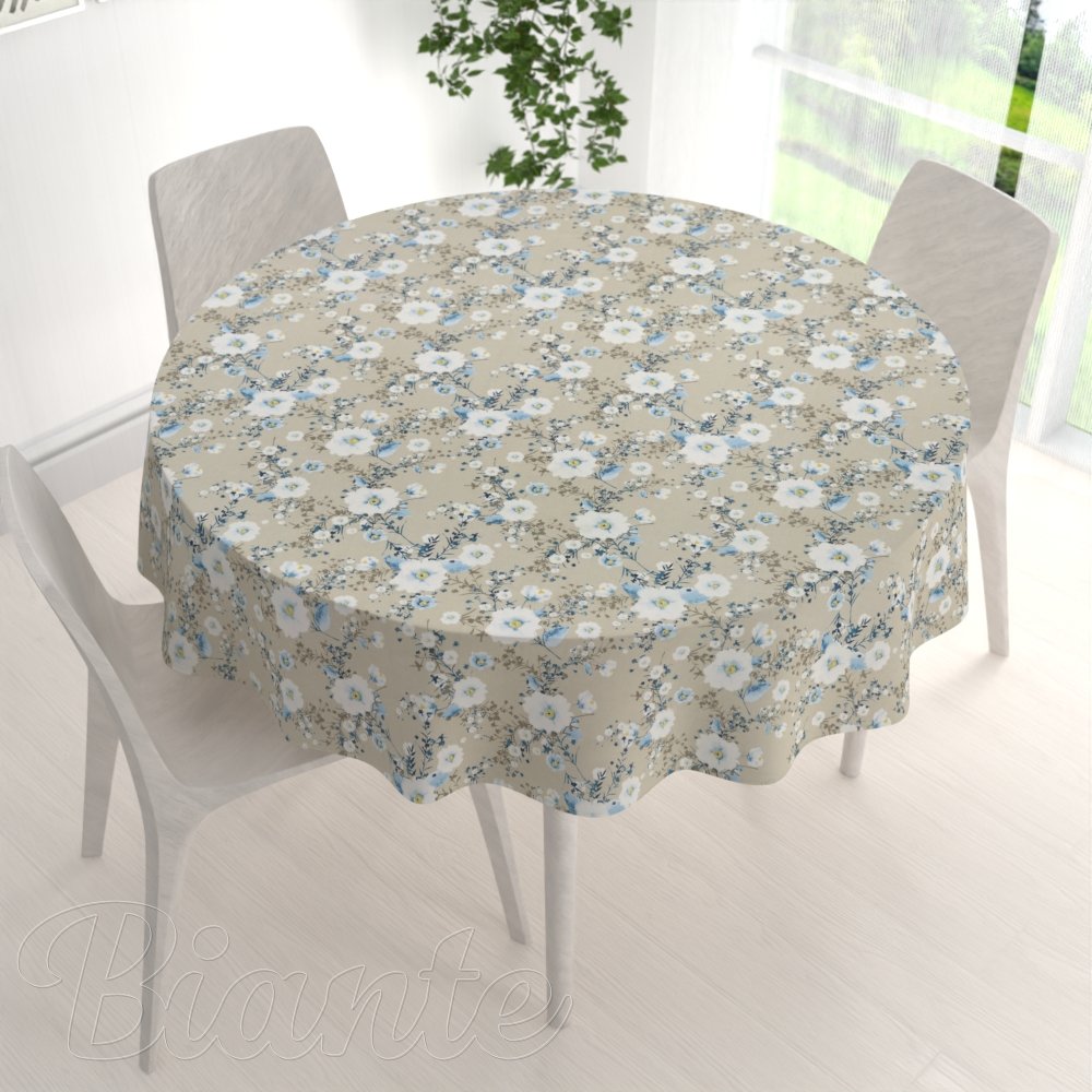 Bavlněný kulatý ubrus Sandra SA-552 Modré pnoucí květy na béžovém - detail 1 - Biante.cz