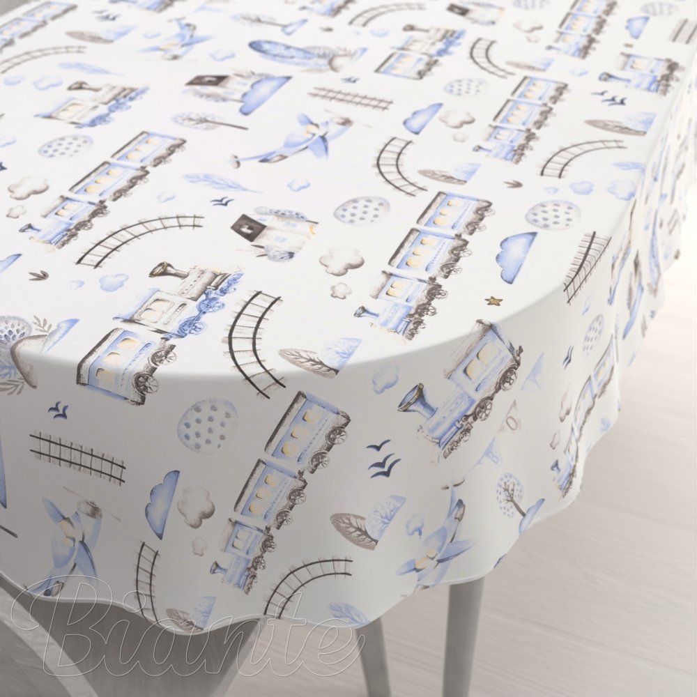 Dětský bavlněný oválný ubrus Sandra SA-690 Modré vláčky s letadýlky na bílém - Biante.cz