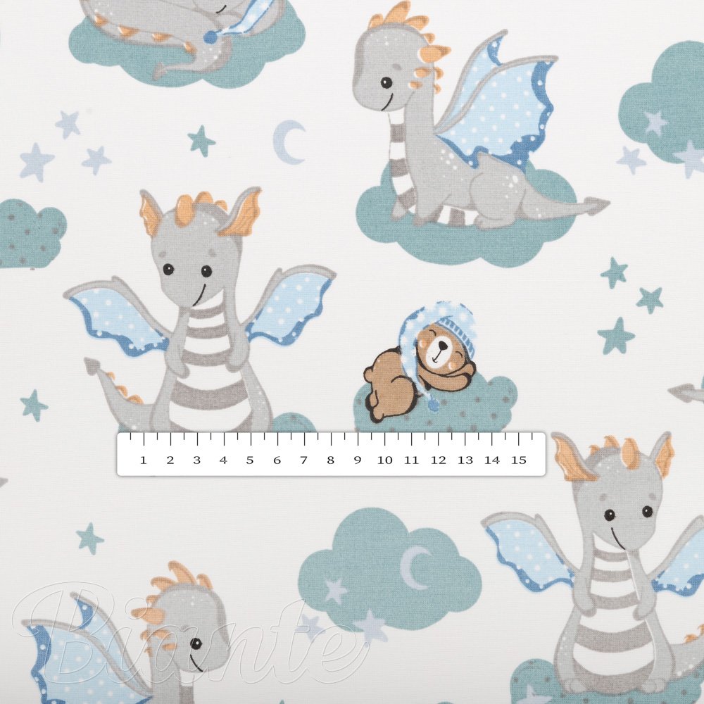 Dětská bavlněná látka/plátno Sandra SA-689 Dráčci s medvídky na modrozelených obláčcích na bílém - šířka 160 cm - detail 3 - Biante.cz