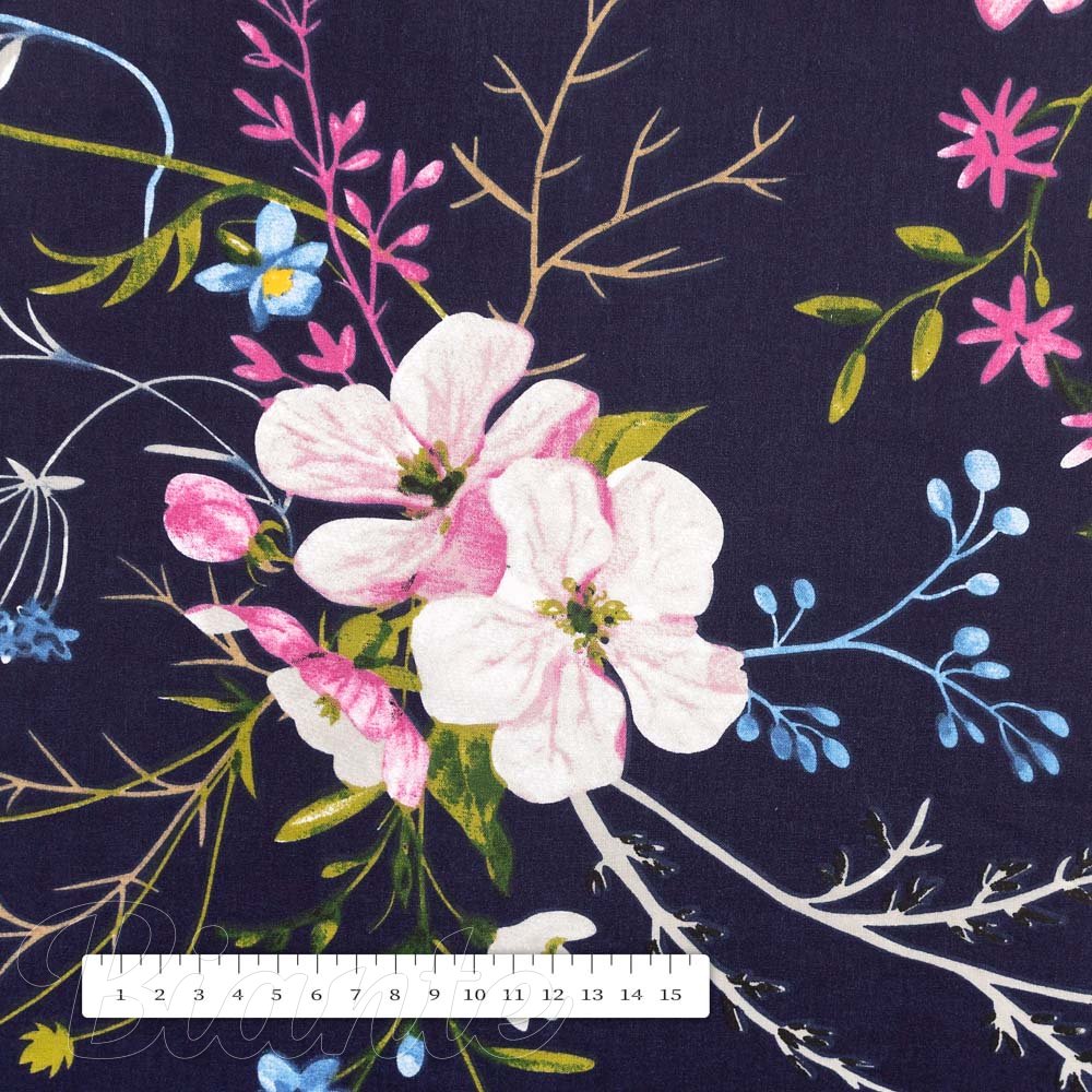Bavlněná látka/plátno Sandra SA-557 Modro-růžové kvítí na tmavě modrém - šířka 160 cm - detail 3 - Biante.cz